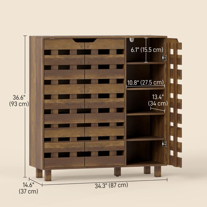 HOMCOM Shoe Cabinet, 20 Pair Shoe Storage Cabinet with Hollowed-Out Doors, Distressed Brown