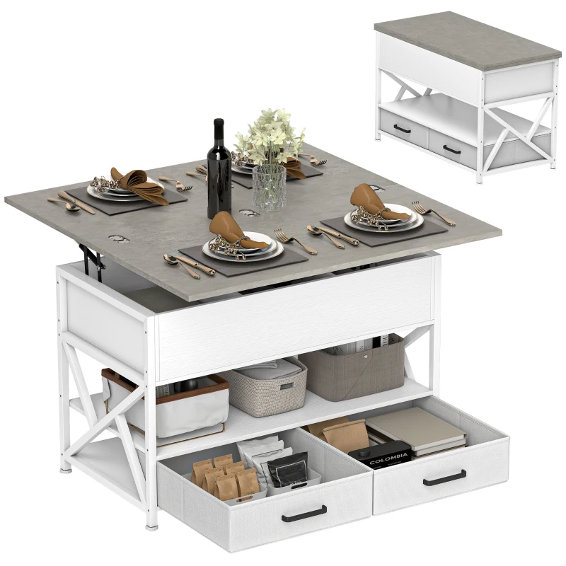 HOMCOM Modern Coffee Table, Lift Top Center Table with Fabric Drawers and Hidden Storage for Living Room, Cement Grey