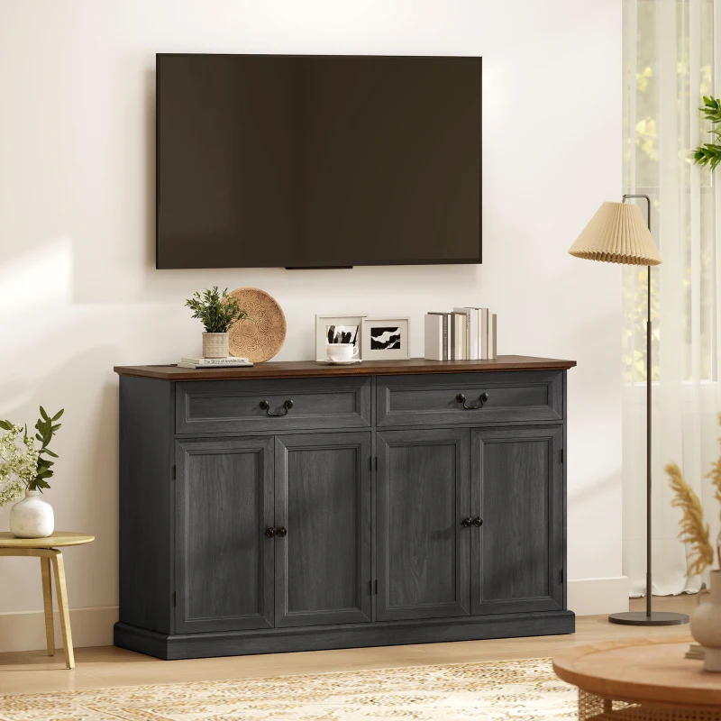 HOMCOM Buffet Cabinet, 55" Farmhouse Sideboard with Charging Station, 2 Drawers and 2 Adjustable Shelves, Black Wood Grain