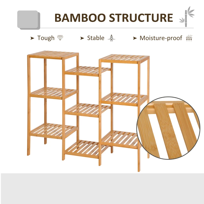 HOMCOM 9-Tier Bamboo Storage Shelf, Plant Stand, Utility Slatted Shelving Unit for Living Room, Balcony, Hallway, Bathroom, Natural