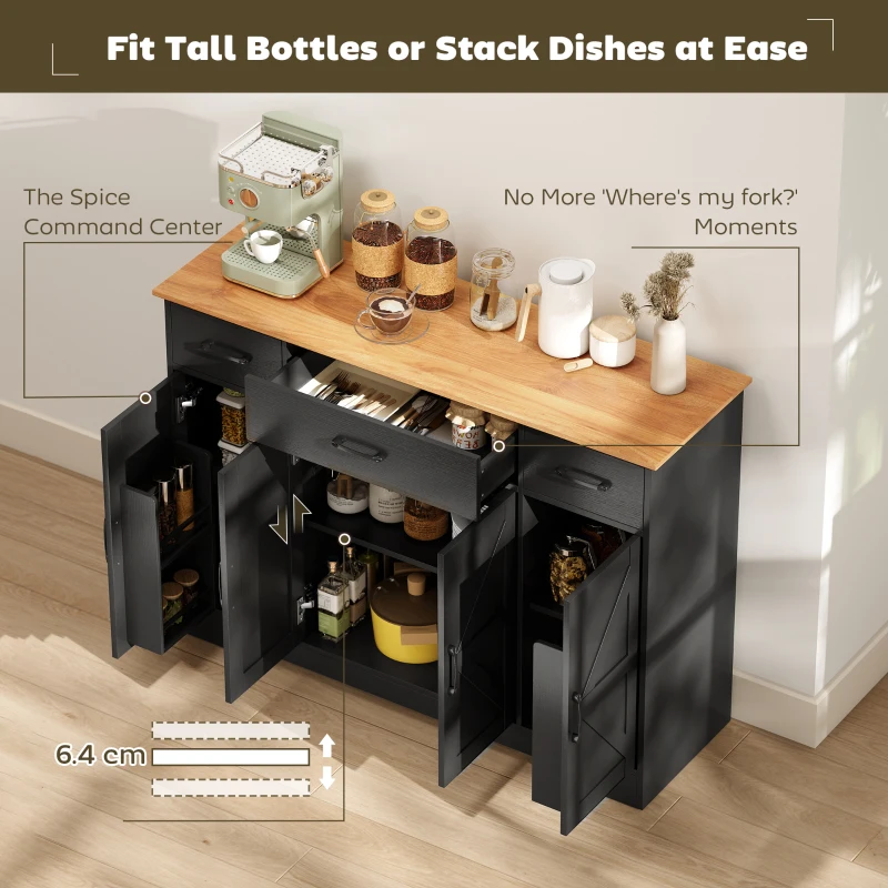 HOMCOM 47" Buffet Cabinet with Soft-Close Hinges, Farmhouse Sideboard with 3 Drawers, Adjustable Shelves and Spice Racks, Black