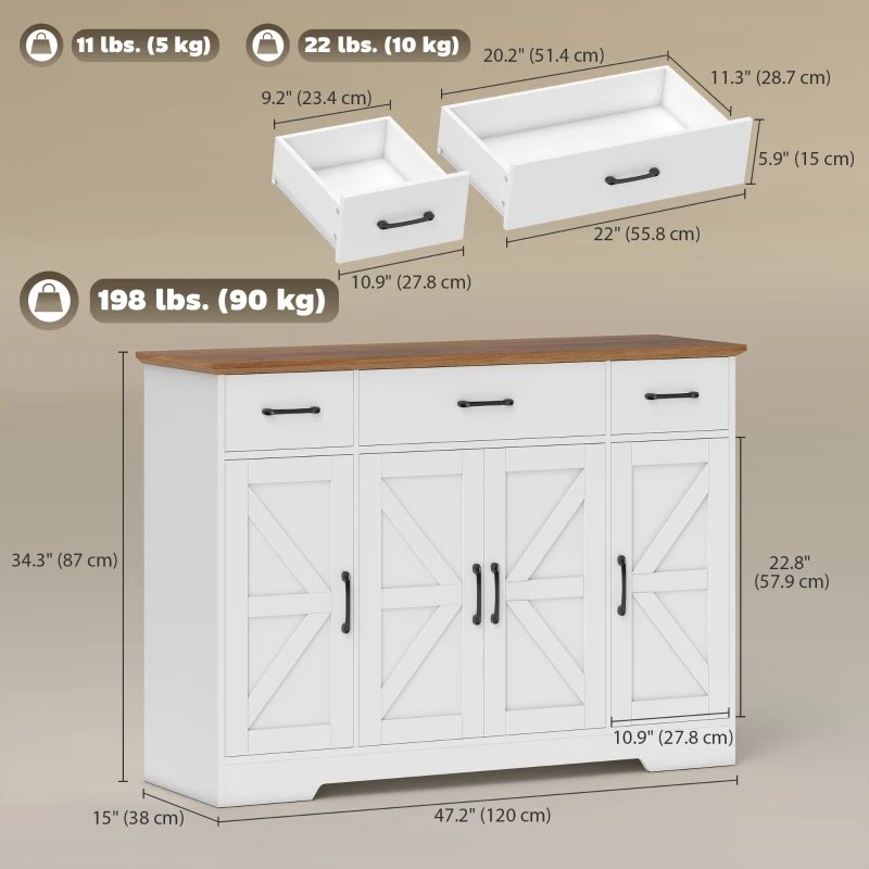 HOMCOM 47" Buffet Cabinet with Soft-Close Hinges, Farmhouse Sideboard with 3 Drawers, Adjustable Shelves and Spice Racks, White