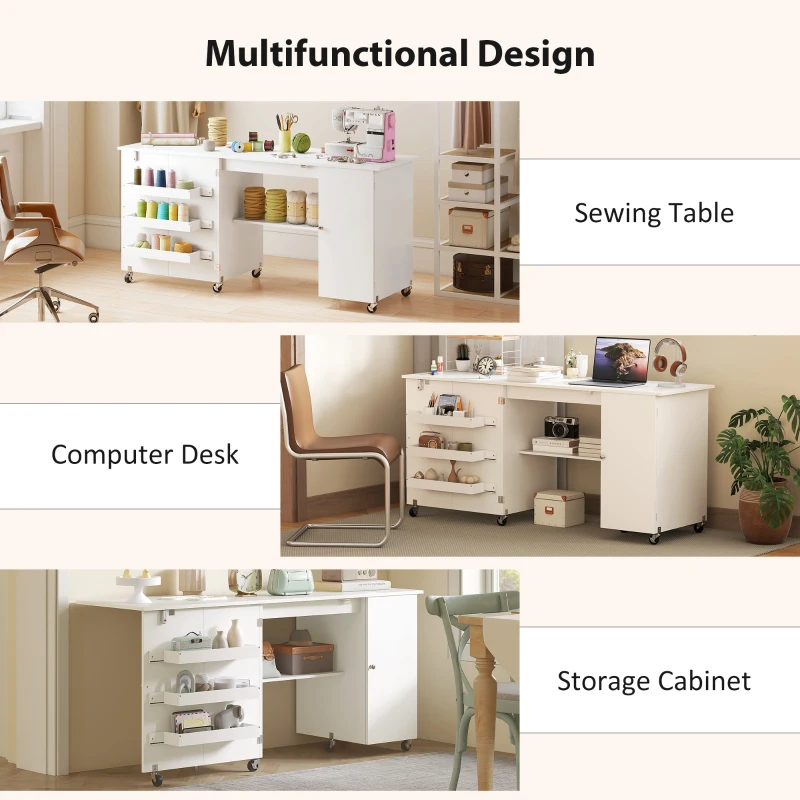 HOMCOM Sewing Machine Table with Drop Leaf, Folding Craft Table with 2 Doors and Adjustable Shelf for Small Spaces, White