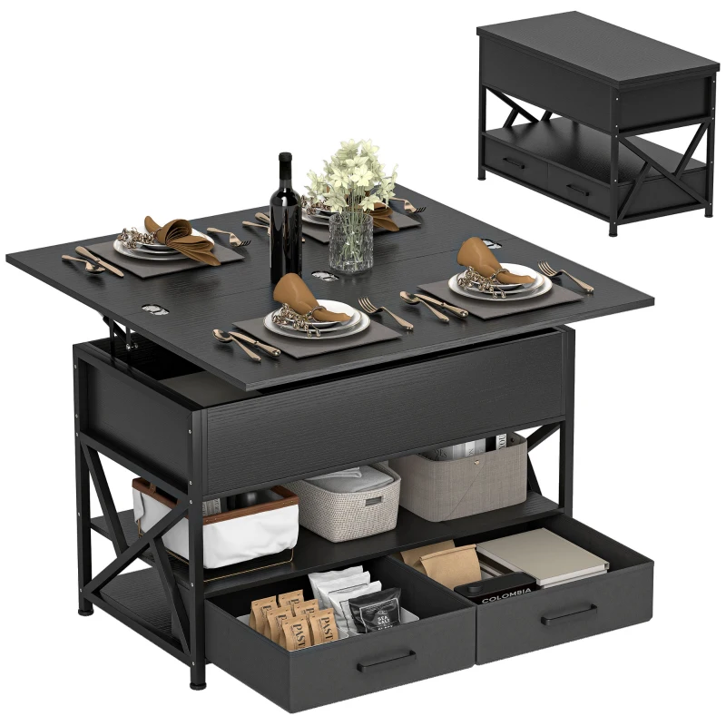 HOMCOM Modern Coffee Table, Lift Top Center Table with Fabric Drawers and Hidden Storage for Living Room, Distressed Black