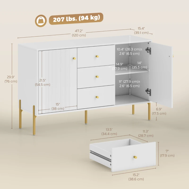 HOMCOM Buffet Cabinet, Modern Sideboard with 3 Soft-Close Drawers and 2 Adjustable Shelves for Living Room, Kitchen, White