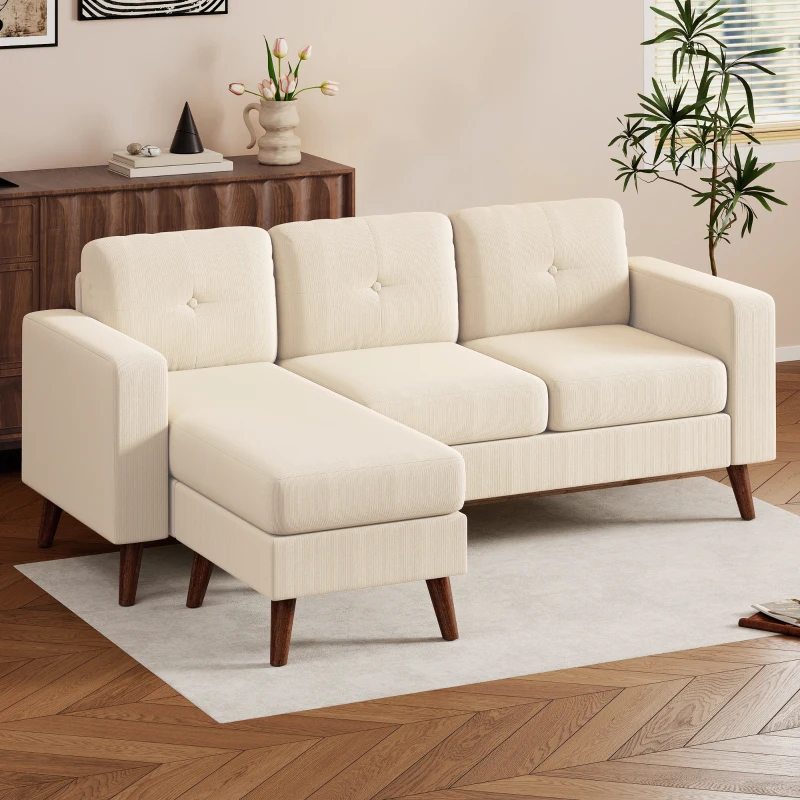 HOMCOM Sectional Sofa with Changeable Chaise Lounge, 3 Seat L-Shaped Sofa, Upholstered Couch for Small Space, Cream White