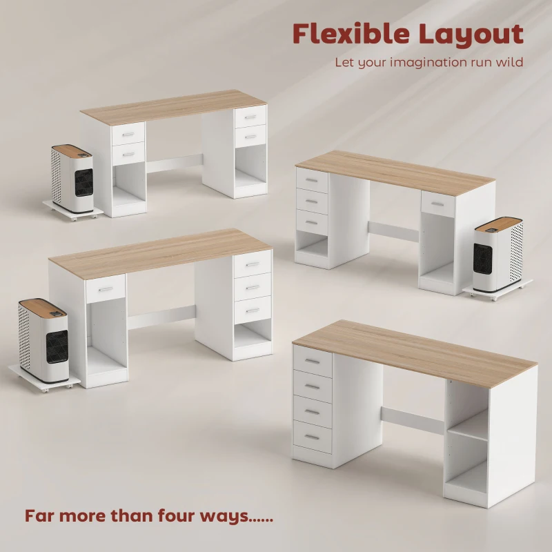 HOMCOM Office Desk, 55" Computer Desk with 4 Reversible Drawers, Mobile PC Stand, Adjustable Shelf, White Wood Grain