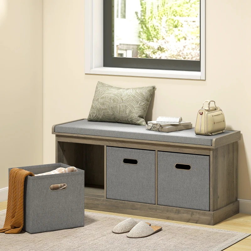 HOMCOM Shoe Storage Bench with Seat, Entryway Bench Seat with Cushion, 3 Fabric Drawers for Hallway, Washed Grey