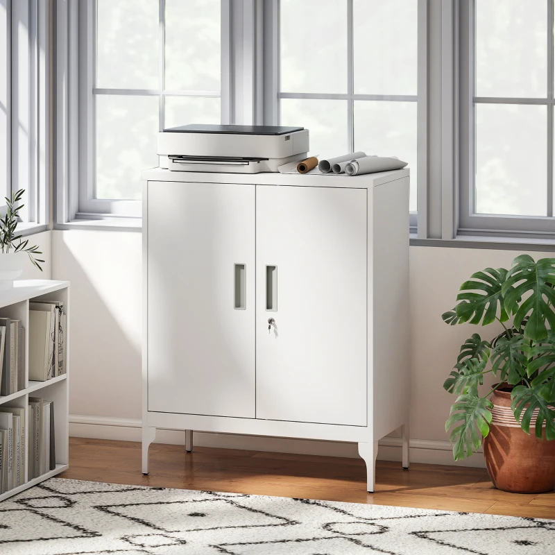 HOMCOM Office Storage Cabinet with Lock, Filing Cabinet with Adjustable Shelves and Doors for Home Office, Garage, White
