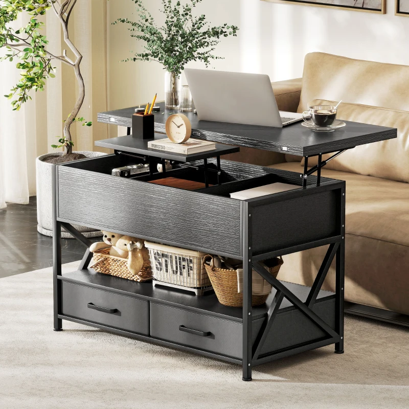 HOMCOM Modern Coffee Table, Lift Top Center Table with Fabric Drawers and Hidden Storage for Living Room, Distressed Black