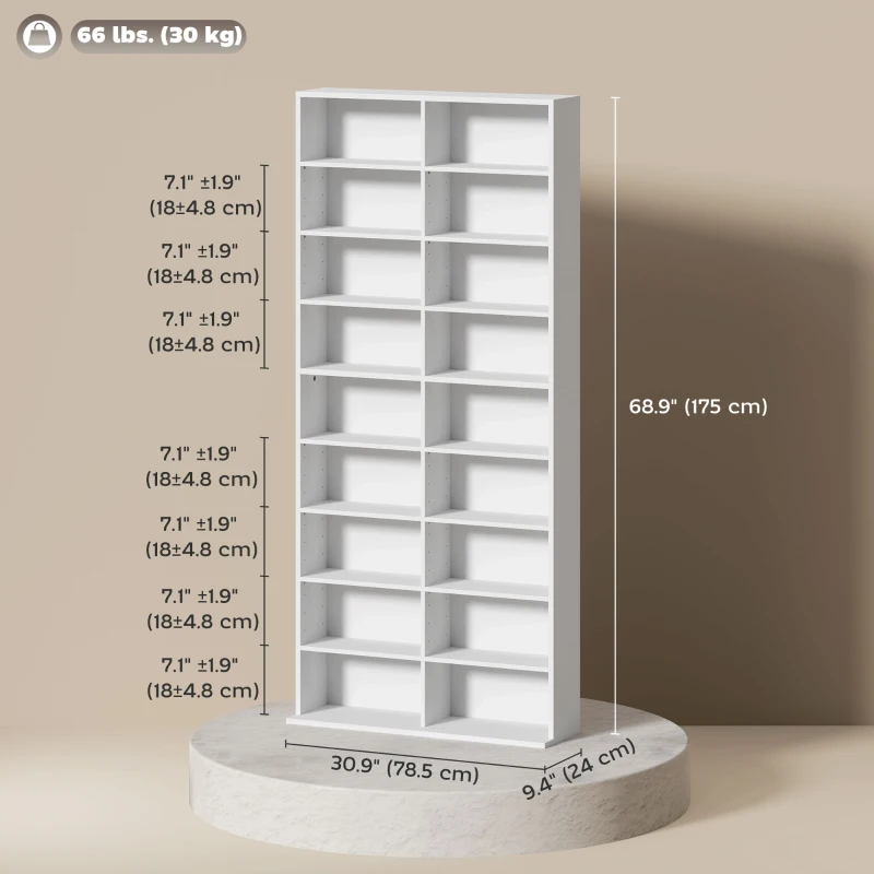 HOMCOM 9-Tier DVD Shelf with 18 Compartments and 14 Adjustable Shelves, Holds 640 CDs, 360 DVDs or 430 Blu-rays, White