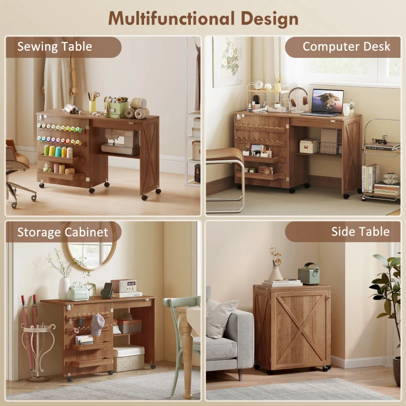 HOMCOM Sewing Machine Table on Wheels, Folding Craft Table with 2 Bins, Storage Shelf, 18 Pegs, Lockable Wheels, Brown