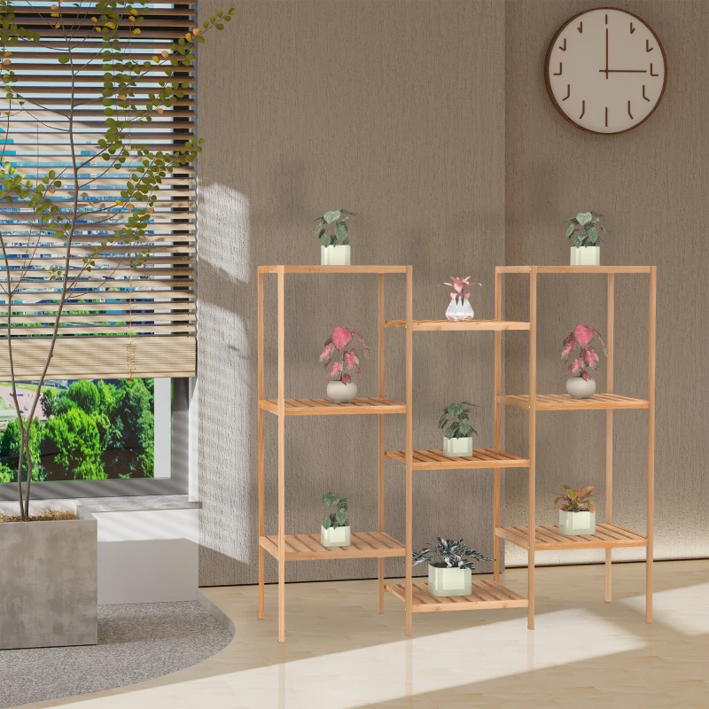 HOMCOM 9-Tier Bamboo Storage Shelf, Plant Stand, Utility Slatted Shelving Unit for Living Room, Balcony, Hallway, Bathroom, Natural