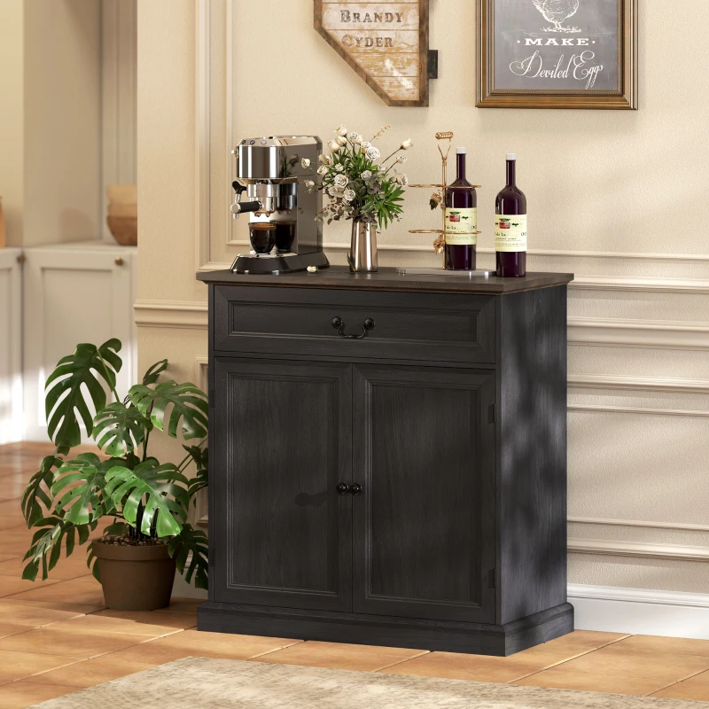 HOMCOM Buffet Cabinet, 32" Farmhouse Sideboard with Thick Top, Quiet Drawer and Adjustable Shelf, Black Wood Grain