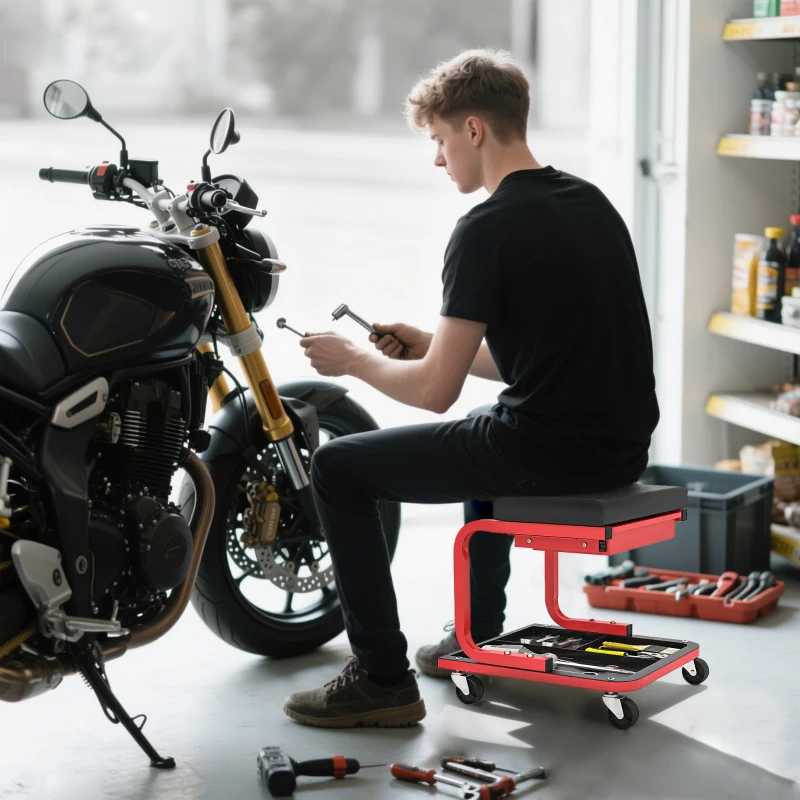 HOMCOM Rolling Garage Stool, 300 LBS Capacity Mechanic Stool with, Tool Trays Storage, Drawer, Black