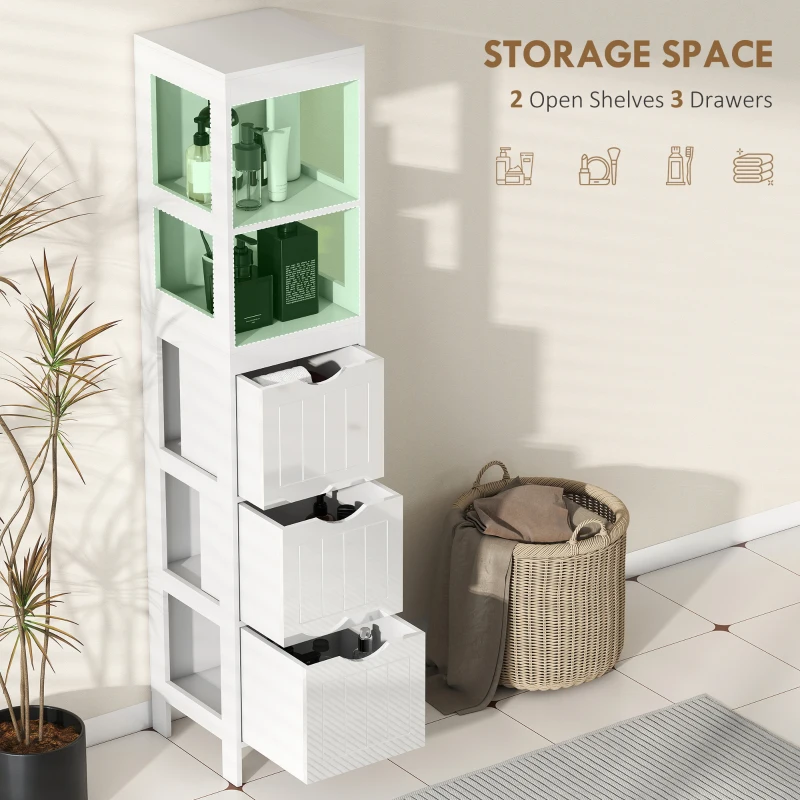 HOMCOM Narrow Bathroom Storage Cabinet, Bathroom Cabinet with 3 Drawers & 2 Open Shelves, Slim Bathroom Floor Cabinet, White