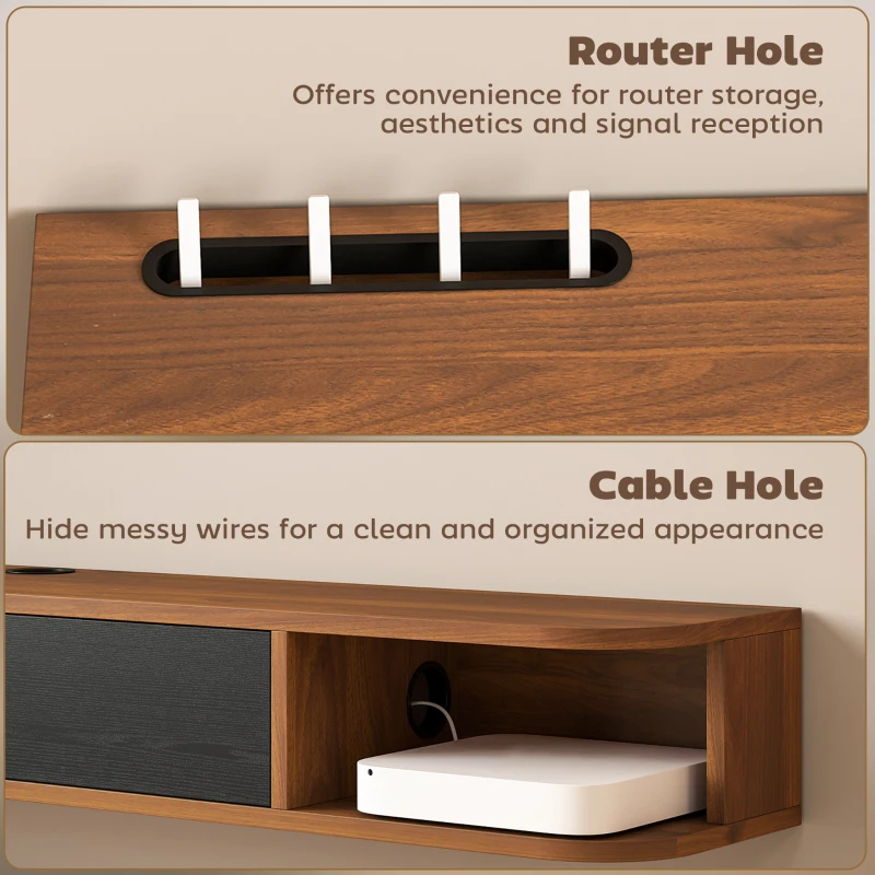 HOMCOM 55" Floating TV Stand for TVs up to 60 Inch, Wall Mounted Media Console with Flip Drawer and 2 Open Shelves, Walnut