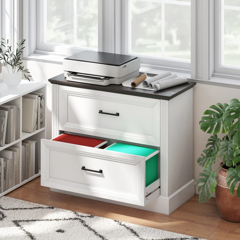 HOMCOM Lateral Filing Cabinet, Farmhouse File Cabinet with 2 Silent Drawers for Letter/A4/Legal Size Files, White