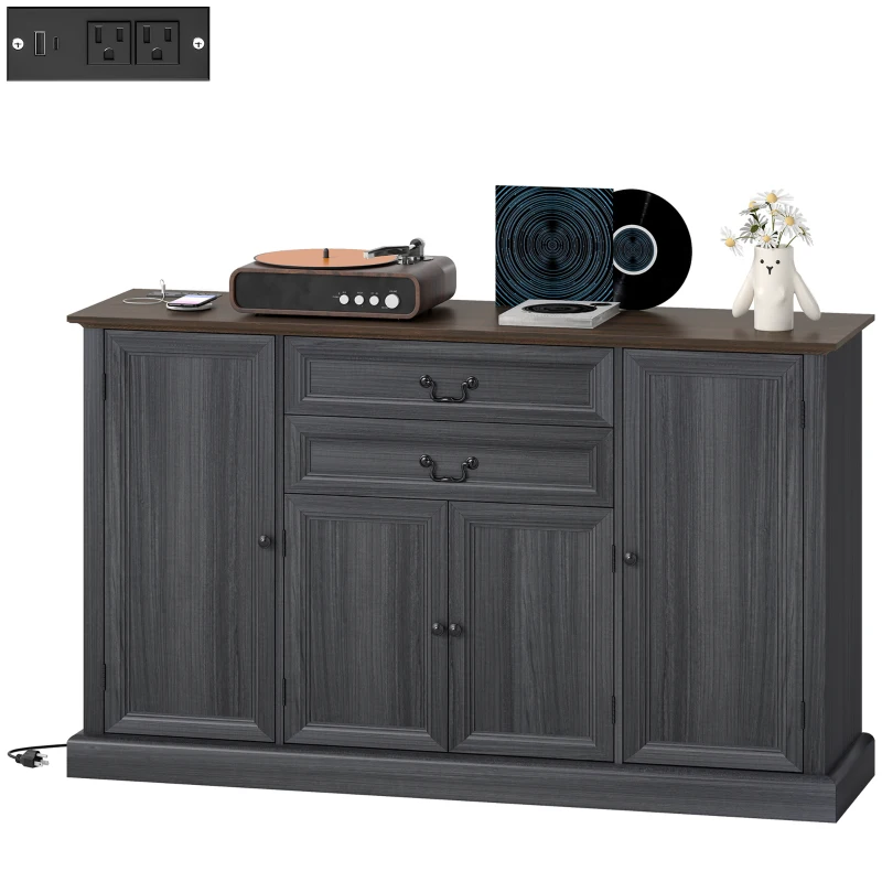 HOMCOM Farmhouse Sideboard with Charging Station and Thickened Top, 58" Buffet Cabinet with 2 Soft-Close Drawers, Black