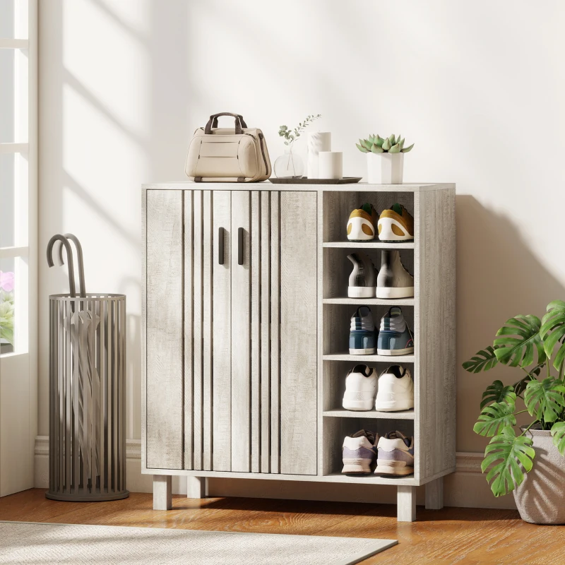 HOMCOM Shoe Storage with Double Doors and Open Shelves 17 Pair Shoe Storage Organizer for Entryway Hallway Light Grey