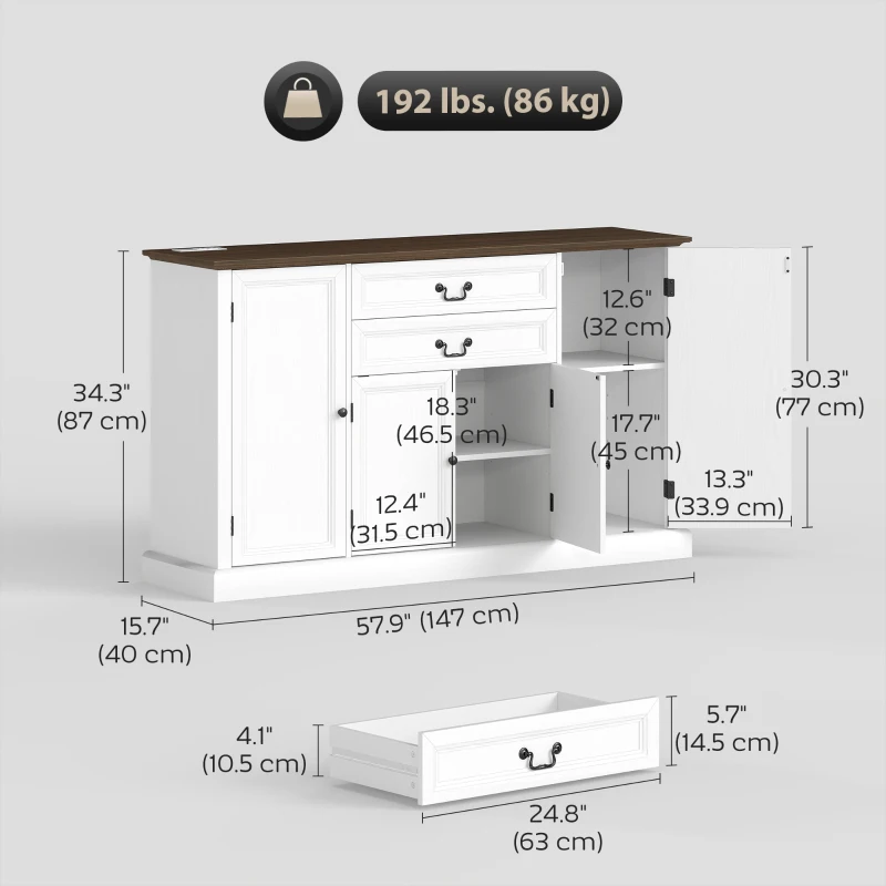 HOMCOM Farmhouse Sideboard with Charging Station and Thickened Top, 58" Buffet Cabinet with 2 Soft-Close Drawers, White