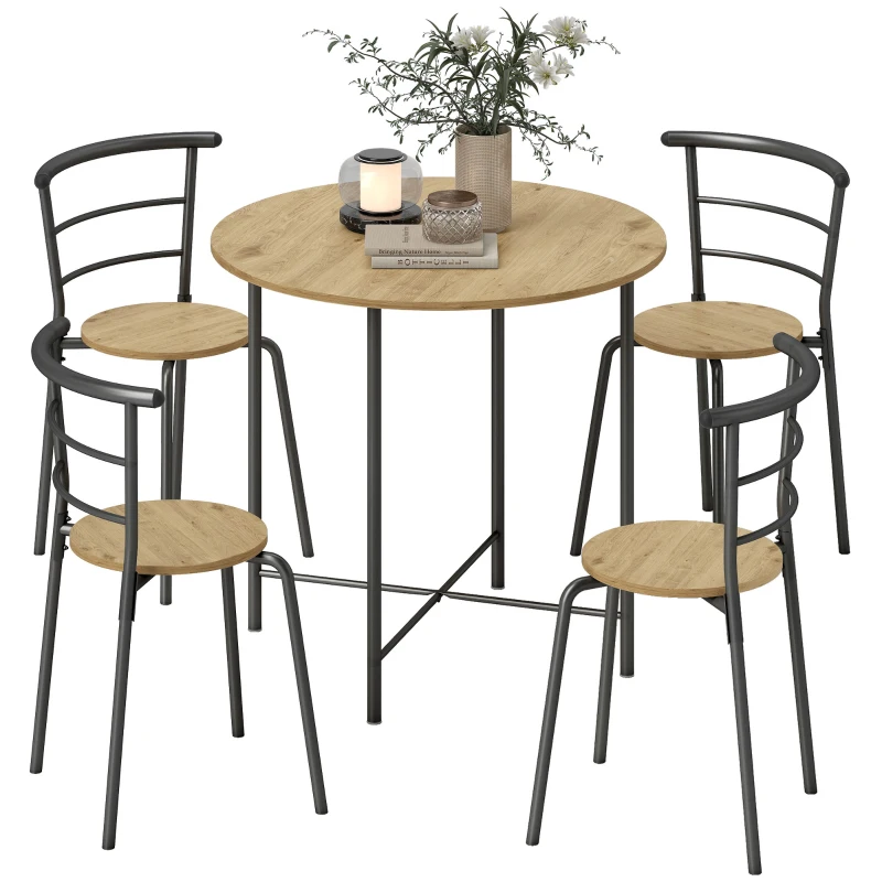 HOMCOM 5 Piece Dining Table Set, Space Saving Round Dining Set for 4 with Metal Frame for Small Spaces, Natural