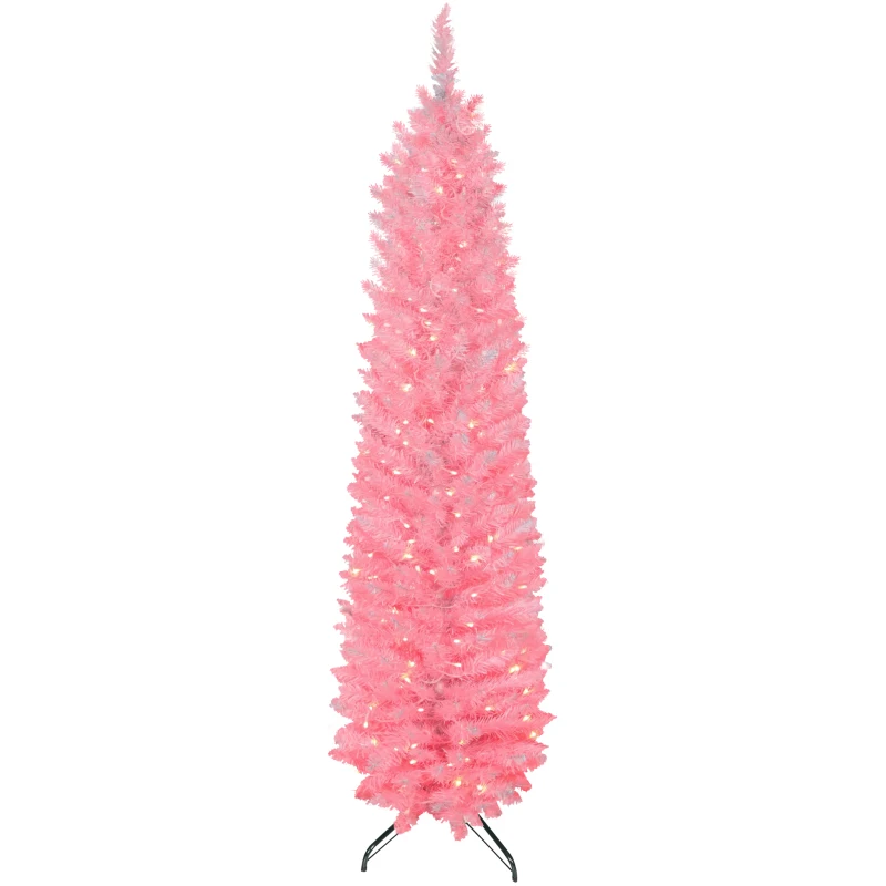 HOMCOM 6ft Christmas Tree with Colourful DIY Synchronized LEDs, Hinged Pencil Xmas Tree with Remote, Daily Timer, White