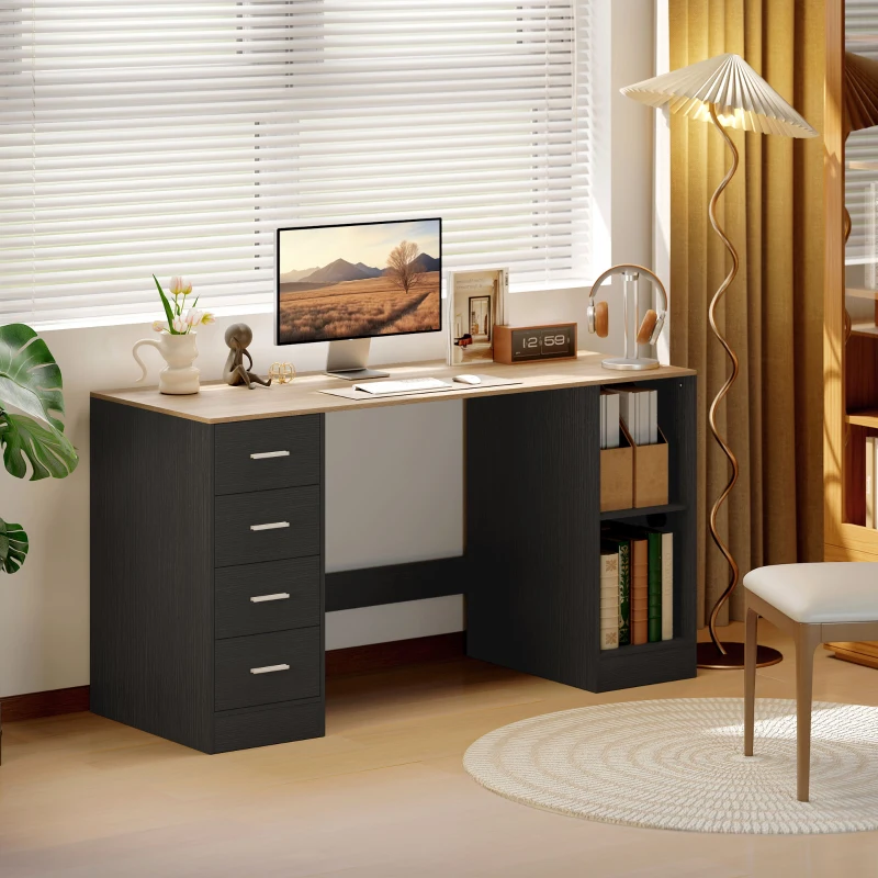 HOMCOM Office Desk, 55" Computer Desk with 4 Reversible Drawers, Mobile PC Stand, Adjustable Shelf, Black Wood Grain