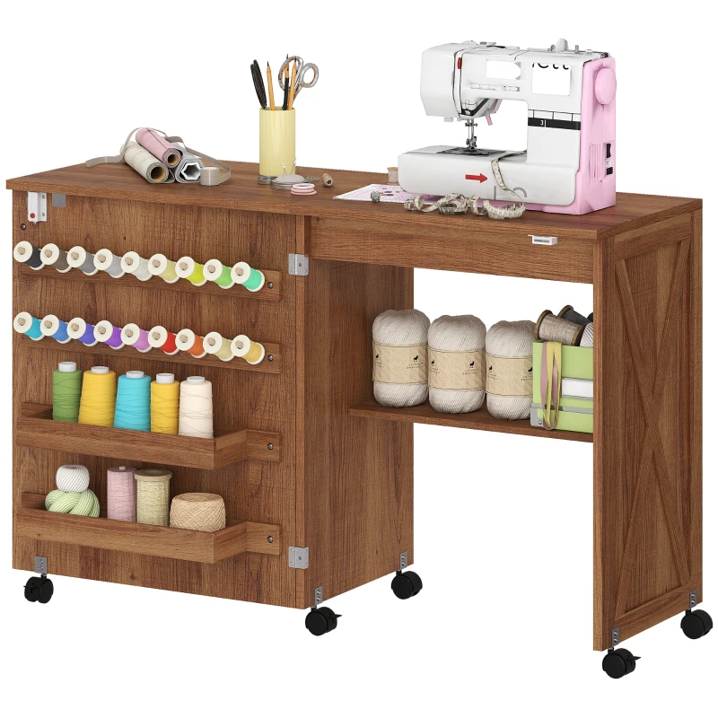 HOMCOM Sewing Machine Table on Wheels, Folding Craft Table with 2 Bins, Storage Shelf, 18 Pegs, Lockable Wheels, Brown