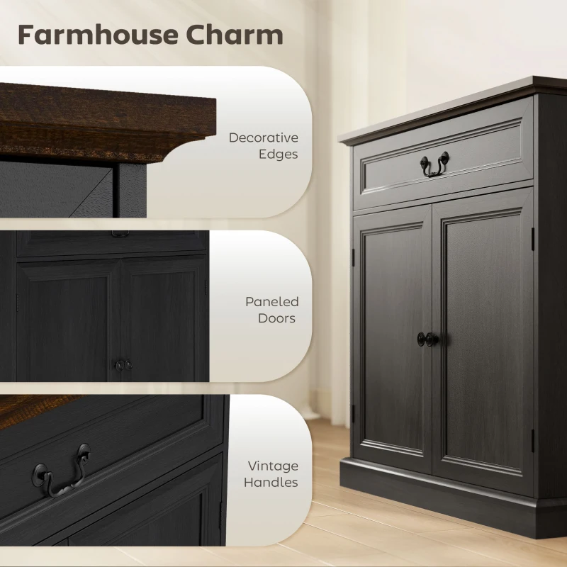 HOMCOM Buffet Cabinet, 32" Farmhouse Sideboard with Thick Top, Quiet Drawer and Adjustable Shelf, Black Wood Grain