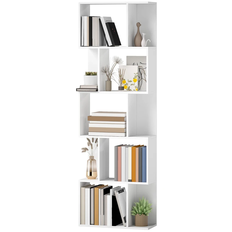 HOMCOM 5-Tier Geometric Bookshelf, S Shaped Bookcase, Modern Freestanding Display Shelf Unit for Home Office, White
