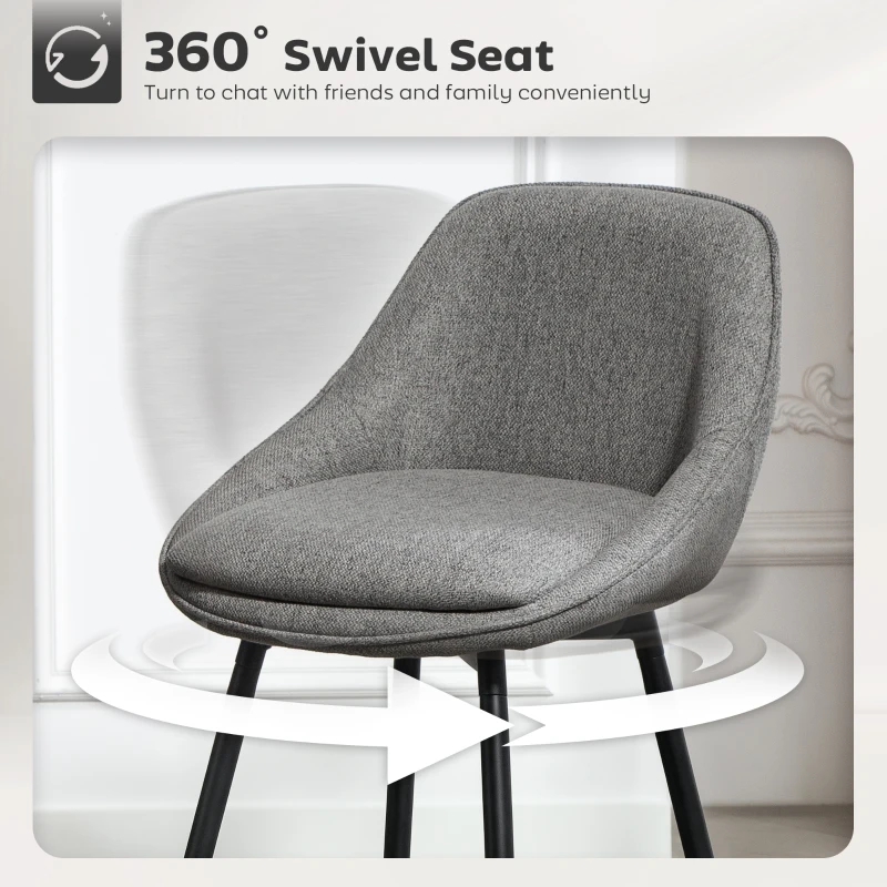 HOMCOM 26" Counter Height Barstools Set of 2, Upholstered Swivel Bar Stools with Backrests and Armrests, Dark Grey