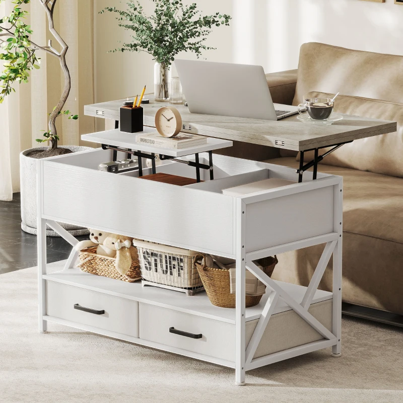 HOMCOM Modern Coffee Table, Lift Top Center Table with Fabric Drawers and Hidden Storage for Living Room, Cement Grey