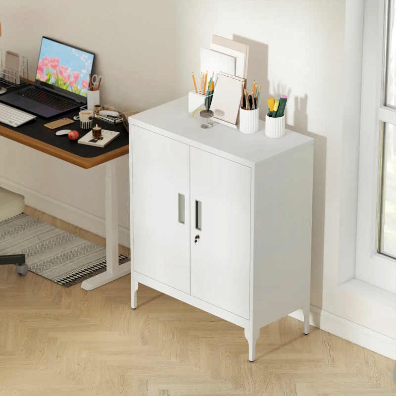 HOMCOM Office Storage Cabinet with Lock, Filing Cabinet with Adjustable Shelves and Doors for Home Office, Garage, White