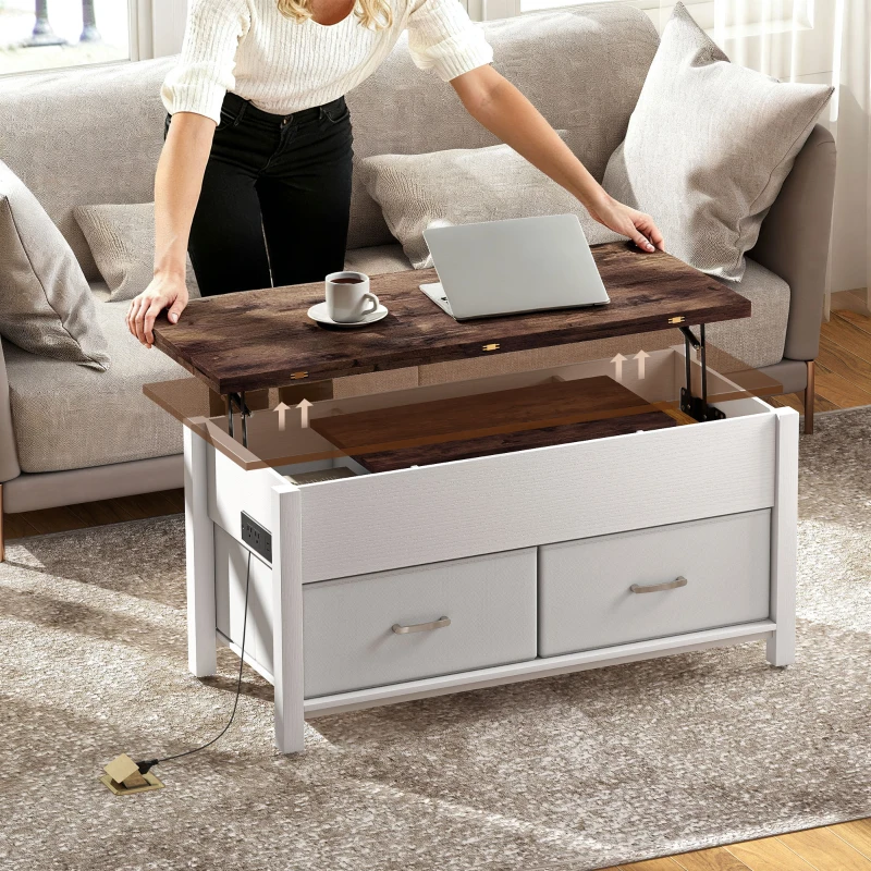 HOMCOM Lift Top Coffee Table, Center Table with 3 Hidden Compartments, 2 Fabric Drawers, Expandable Top and Charging Station