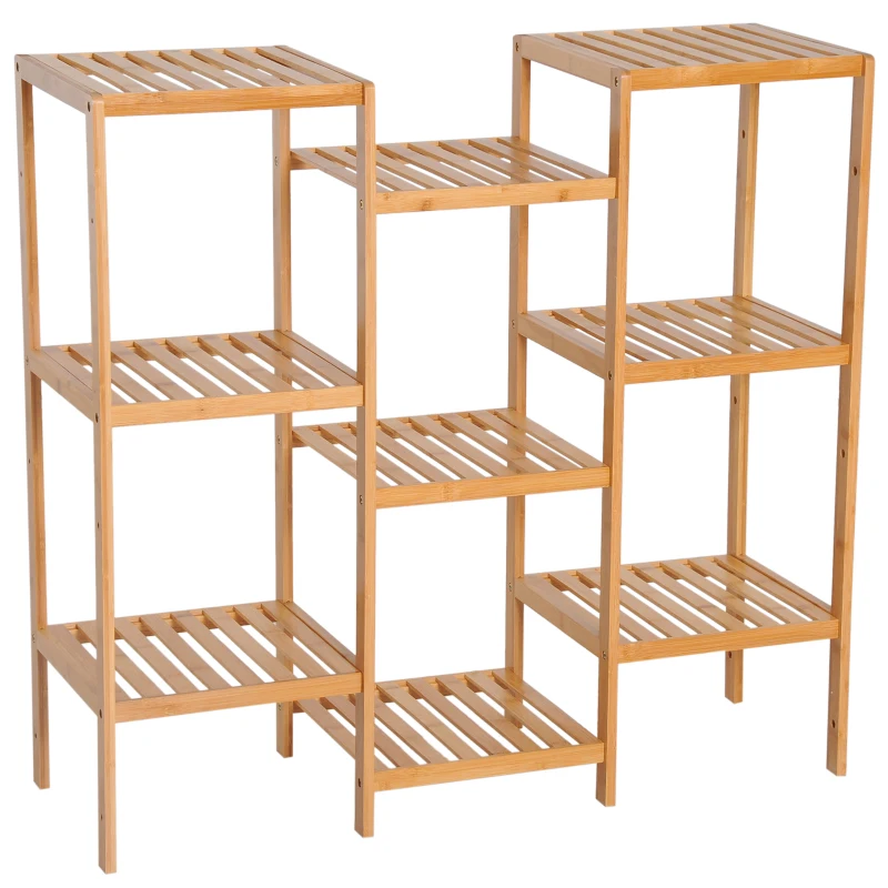 HOMCOM 9-Tier Bamboo Storage Shelf, Plant Stand, Utility Slatted Shelving Unit for Living Room, Balcony, Hallway, Bathroom, Natural