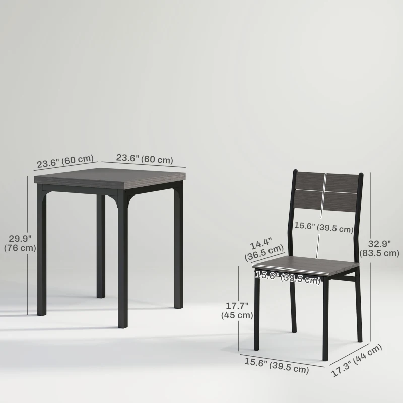 HOMCOM Dining Table Set for 2, 3 Piece Kitchen Table and Chairs with Metal Legs for Small Spaces, Grey Wood Effect