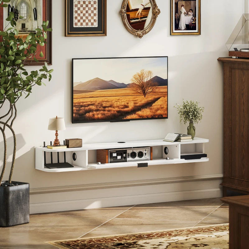 HOMCOM 55" Floating TV Stand for TVs up to 60 Inch, Wall Mounted Media Console with Flip Drawer and 2 Open Shelves, White