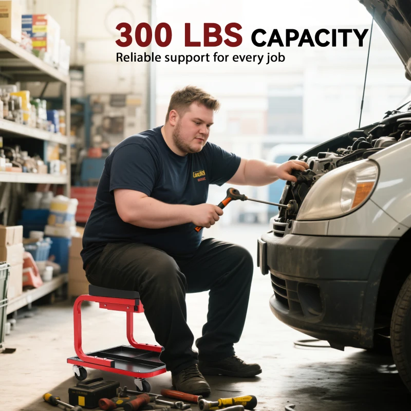 HOMCOM Rolling Garage Stool, 300 LBS Capacity Mechanic Stool with, Tool Trays Storage, Drawer, Black