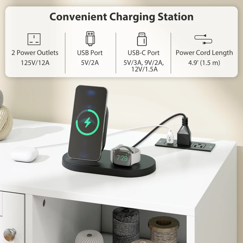 HOMCOM Rolling Sewing Machine Table with Power Outlet, Folding Craft Table with 2 Fabric Drawers, 2 Bins and 18 Pegs, White