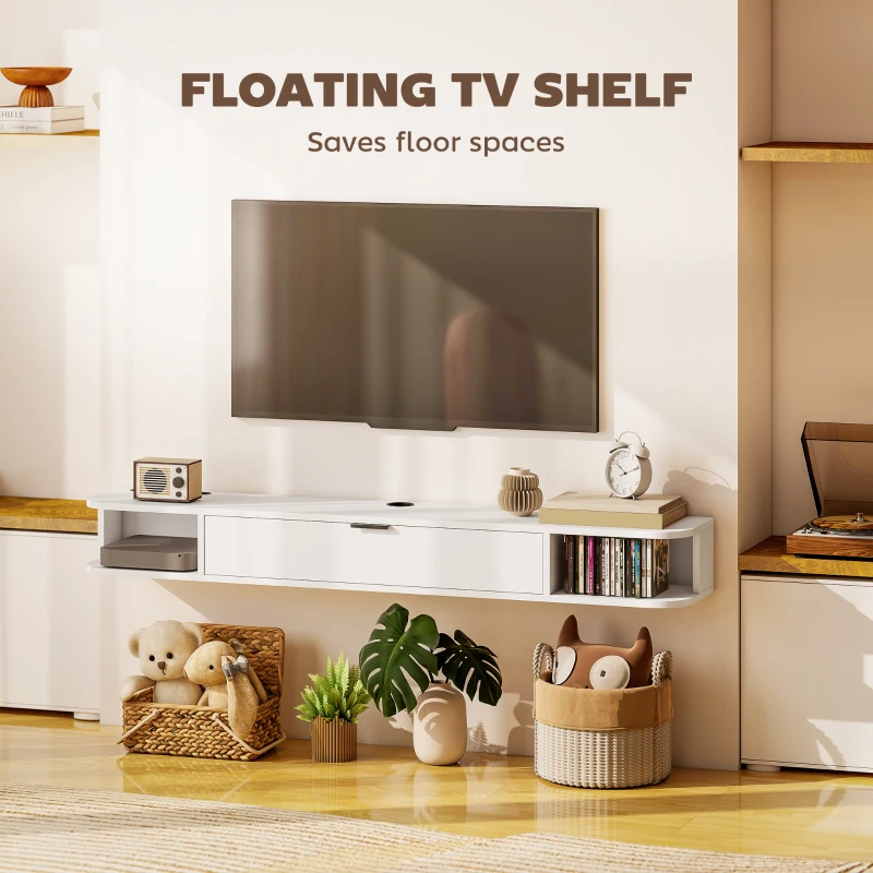 HOMCOM 55" Floating TV Stand for TVs up to 60 Inch, Wall Mounted Media Console with Flip Drawer and 2 Open Shelves, White