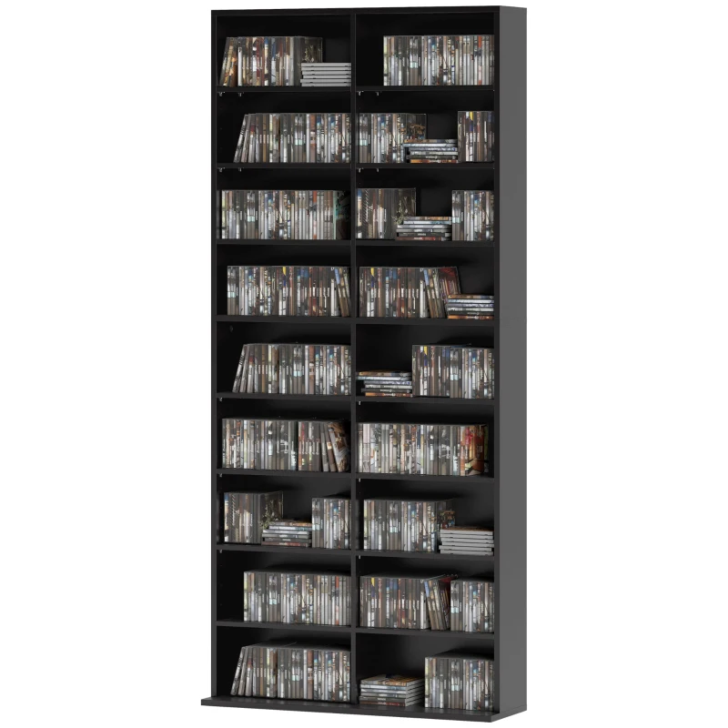 HOMCOM 9-Tier DVD Shelf with 18 Compartments and 14 Adjustable Shelves, Holds 640 CDs, 360 DVDs or 430 Blu-rays, Black