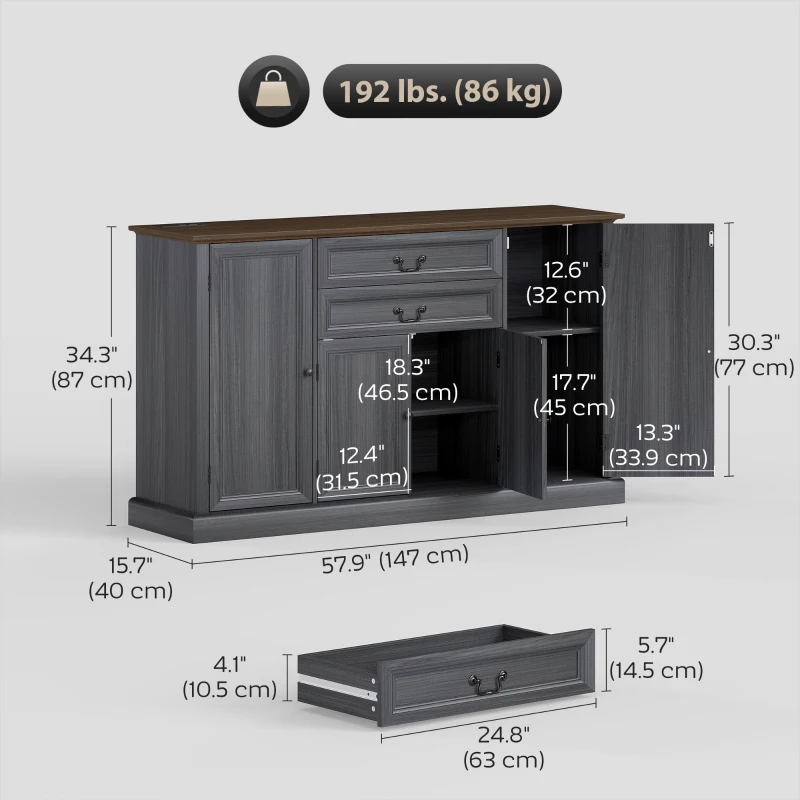 HOMCOM Farmhouse Sideboard with Charging Station and Thickened Top, 58" Buffet Cabinet with 2 Soft-Close Drawers, Black