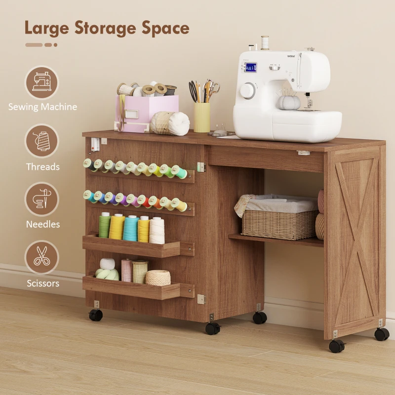 HOMCOM Sewing Machine Table on Wheels, Folding Craft Table with 2 Bins, Storage Shelf, 18 Pegs, Lockable Wheels, Brown