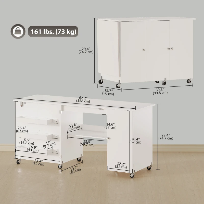 HOMCOM Sewing Machine Table with Drop Leaf, Folding Craft Table with 2 Doors and Adjustable Shelf for Small Spaces, White