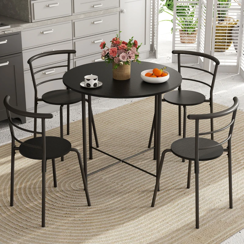 HOMCOM 5 Piece Dining Table Set, Space Saving Round Dining Set for 4 with Metal Frame for Small Spaces, Black Wood Grain