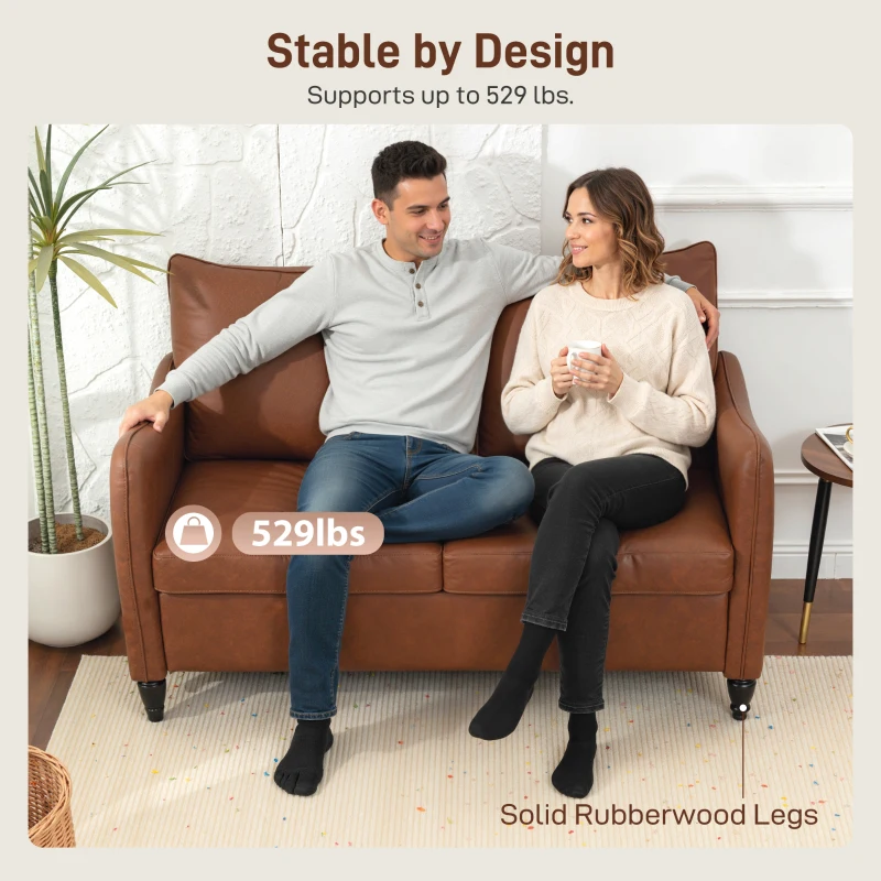 HOMCOM 55" Loveseat Sofa, Small 2 Seater Couch with Solid Wood Legs, Modern PU Leather Upholstered Sofa for Small Spaces, Brown