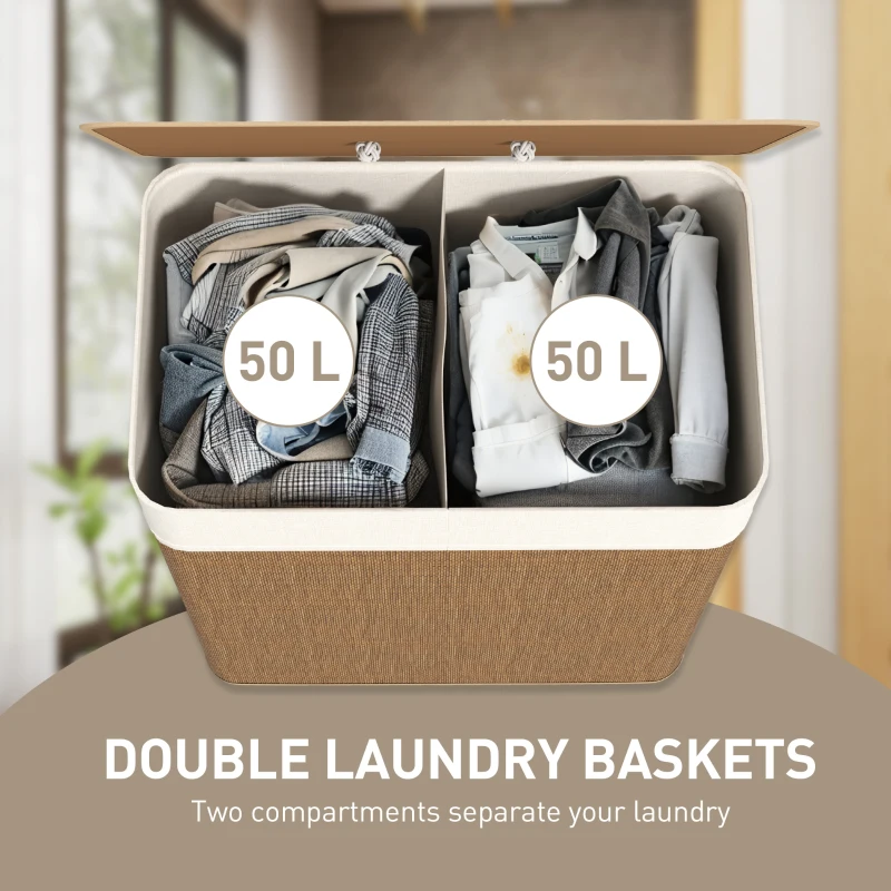 HOMCOM Double Laundry Basket with Lid, 100L Bamboo Laundry Hamper with Rope Handles and Removable Bags, Brown