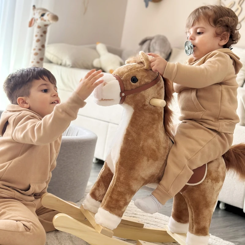 Qaba Kids Rocking Horse Plush Animal on Wooden Rockers with Sounds, Wooden Base, Baby Rocking Chair, Brown