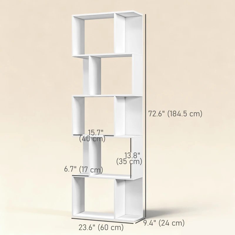 HOMCOM 5-Tier Geometric Bookshelf, S Shaped Bookcase, Modern Freestanding Display Shelf Unit for Home Office, White